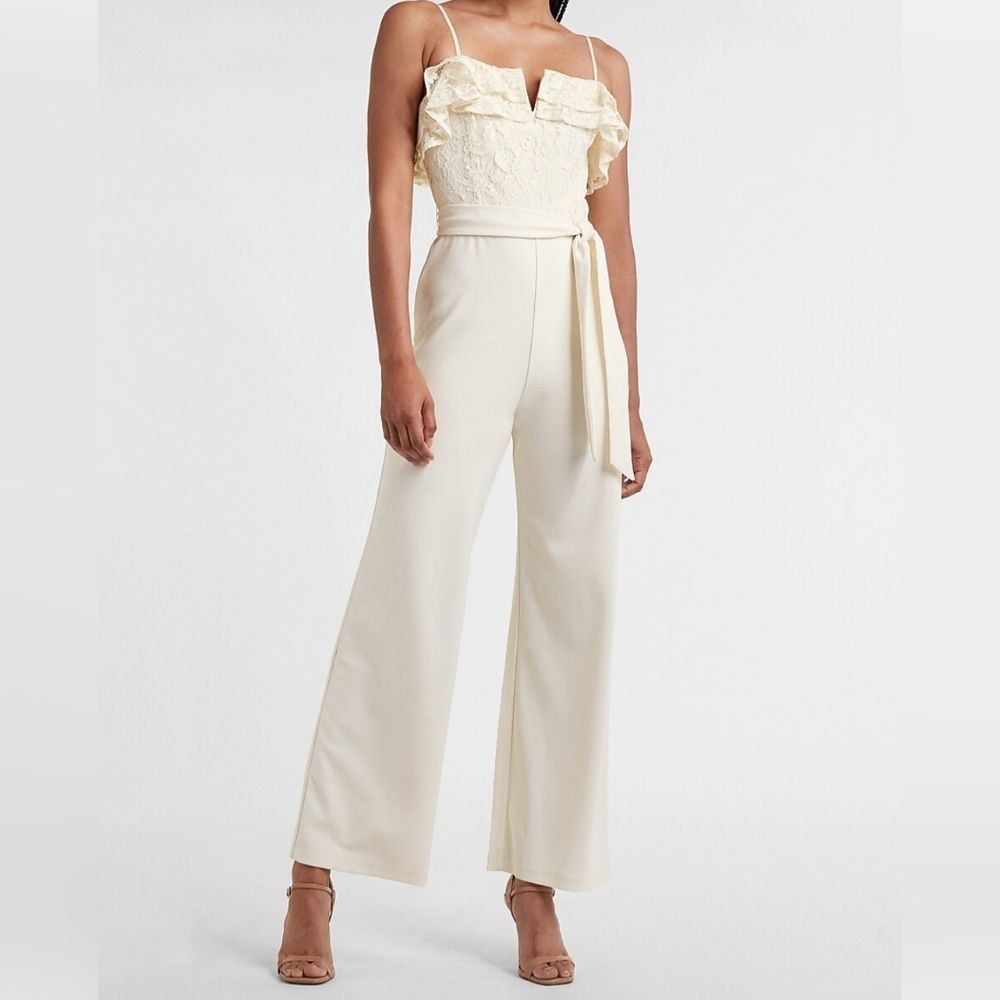 Express Ruffle Lace Bodice Belted Wide Leg Jumpsuit